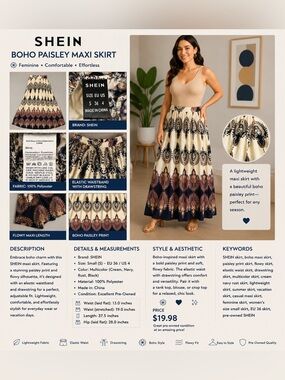 SHEIN Cream Maxi Skirt with Navy and Rust Paisley
